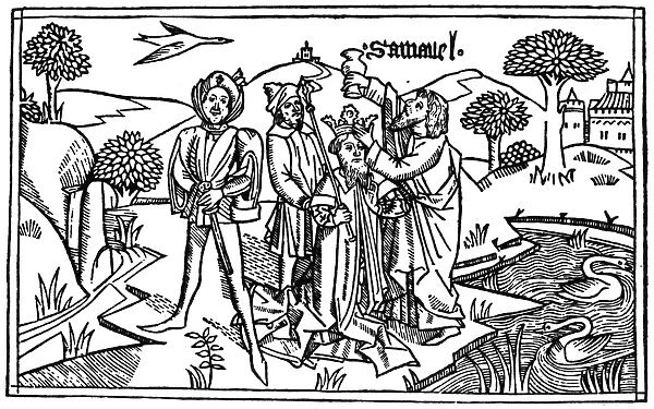 SAMUEL ANOINTING SAUL (I Samuel 10: 1). Woodcut from the Cologne Bible, 1478-80