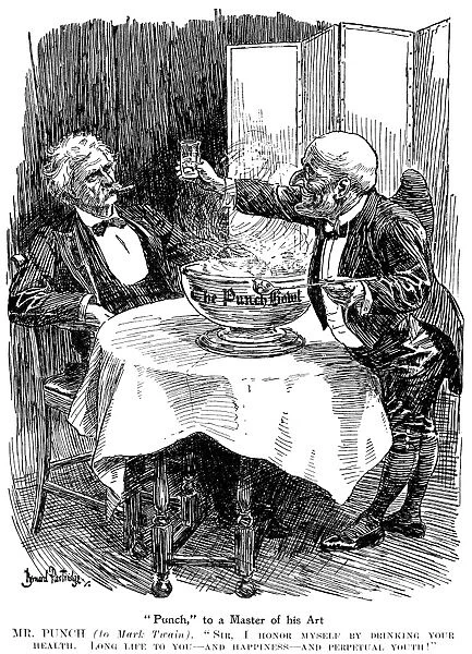 SAMUEL CLEMENS CARTOON. Samuel Langhorne Clemens, known as Mark Twain (1835-1910). American writer and humorist. Cartoon from Punch by Bernard Partridge inspired by Twains visit to England in 1907