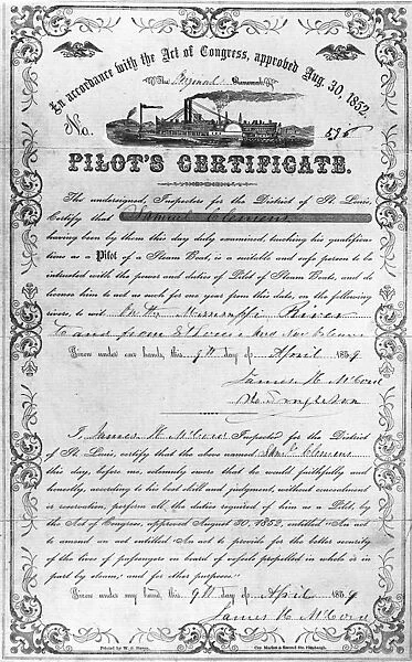 SAMUEL CLEMENS CERTIFICATE. Pilots certificate for steam boats issued to Samuel Clemens (Mark Twain), 9 April 1859, at St. Louis, Missouri