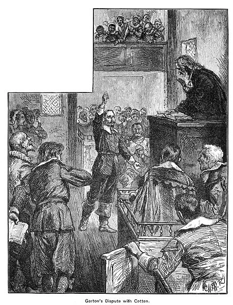 SAMUEL GORTON (c1592-1677). American colonial religious and political leader. Gorton disputing with John Cotton just before the formers trial for blasphemy at Boston, Massachusetts, in 1643. Wood engraving, 19th century