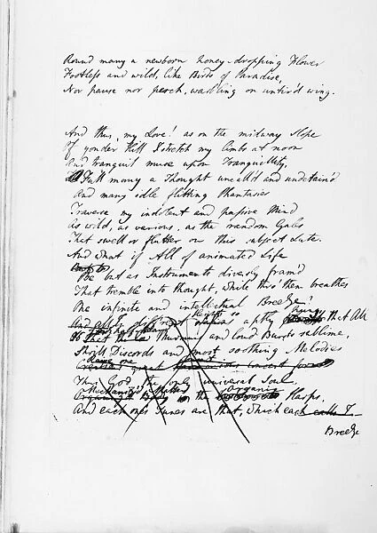 SAMUEL TAYLOR COLERIDGE (1772-1834). English poet. A handwritten page from a draft of The Aeolian Harp, 1817