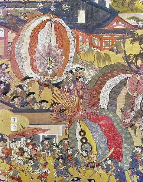 Samurai carry a large replica of their shield during the Gion Festival, Tokyo, Japan. Scroll painting, early 17th century