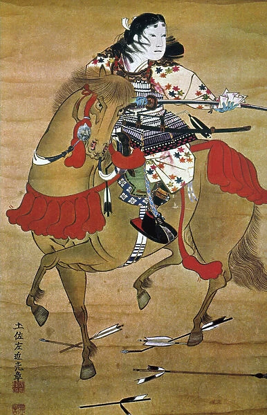 Samurai cleaning his sword. Japanese painting, 16-17th century