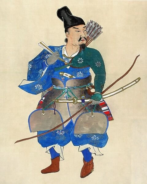 A samurai wearing a uniform with padded armor, a sword, and carrying an bow and quiver with arrows. Ink drawing, early or mid 19th century
