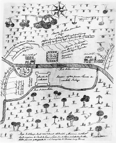 SAN ANTONIO, TEXAS, c1730. Map showing the earliest settlements in the area of San Antonio, Texas