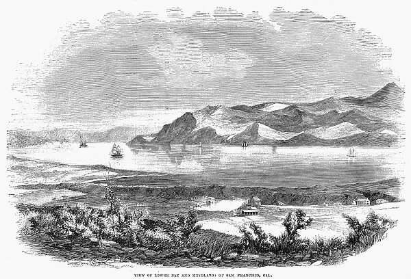 SAN FRANCISCO BAY, 1856. View of Lower San Francisco Bay, California. Wood engraving, American, 1856