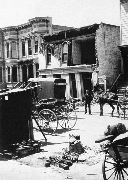 SAN FRANCISCO EARTHQUAKE. Damaged house on Grove Street, following the earthquake