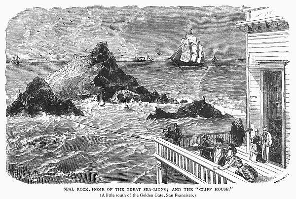 SAN FRANCISCO: SEAL ROCK. Seal Rock, home of the great sea lions, and the Cliff House, San Francisco, California. Wood engraving, 19th century
