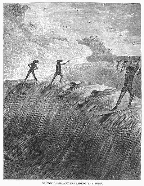 Sandwich-Islanders Riding the Surf. Wood engraving American, 1878