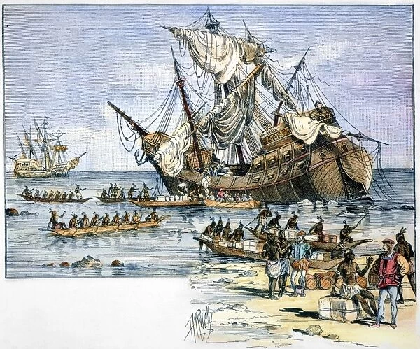SANTA MARIA: WRECK, 1492. Natives of Hispaniola aid Christopher Columbus crew in salvaging supplies from the Santa Maria, wrecked on a coral reef, Christmas Day 1492; Columbus, speaking with a native, stands in right foreground: line engraving, American, 1892