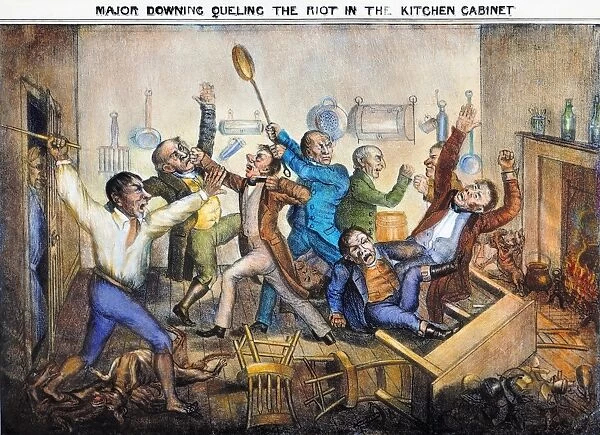A satirical lithograph of 1833? on Andrew Jacksons Kitchen Cabinet, the first Presidential brain trust. Major Jack Downing was the humourous creation of writer Seba Smith