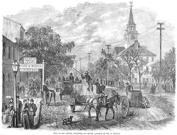 SAVANNAH, GEORGIA, 1867. A view of Bay Street, Savannah, Georgia. Wood engraving, American, 1867