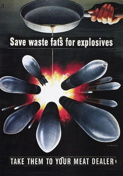 Save waste fats for explosives. Take them to your meat dealer. American World War II poster, 1943, by Henry Koerner