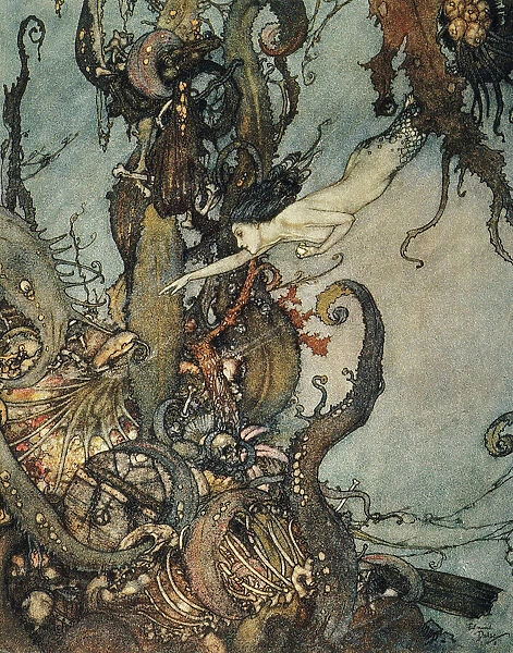 They saw the shining potion glistening in her hand. Drawing, 1911, by Edmund Dulac for the fairy tale by Hans Christian Andersen