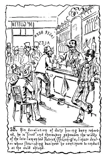 Scene in an Irish pub in New York City, presided over by a former police officer (behind the bar) who married the previous owners widow. American cartoon, c1885