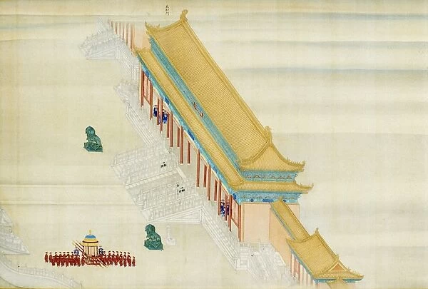 Scene in the outer courtyard of the Forbidden City, Peking, China, on the return of Emperor K ang Hsi from his inspection tour in the lower Yangtze River basin in 1689. Detail from a contemporary painted silk scroll