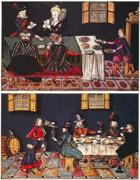 Scenes of cardplaying, wining and dining in a London tavern: English watercolors, early 17th century