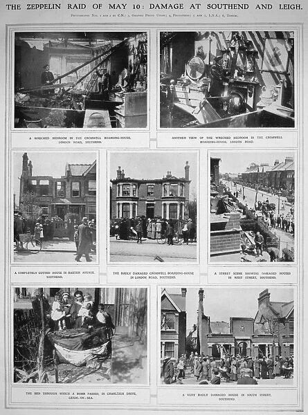 Scenes of damage at Southend and Leigh, two resorts on the English Channel, bombed in Word War I in a raid by German Zeppelins, 10 May 1915. Photos from a contemporary English newspaper