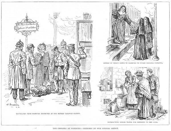 Scenes in Hamburg, Germany, during the cholera epidemic in 1892. Left: Travelers from Hamburg are inspected at the Bremen railway station. Top right: Catholic nuns going to Hamburg to nurse patients. Bottom right: Distributing boiled drinking water to the poor. Wood engravings, English, 1892