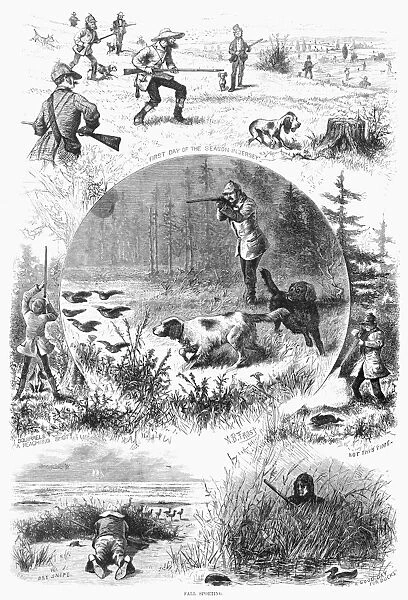 Scenes of hunters in New Jersey during the autumn. Engraving, American, 1877