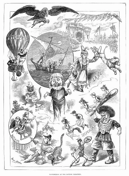 Scenes from pantomimes of 1882 at London theaters. Wood engraving from a contemporary English newspaper