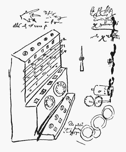 SCHICKARD CALCULATOR. Sketch by Wilhelm Schickard of his design for a calculating machine