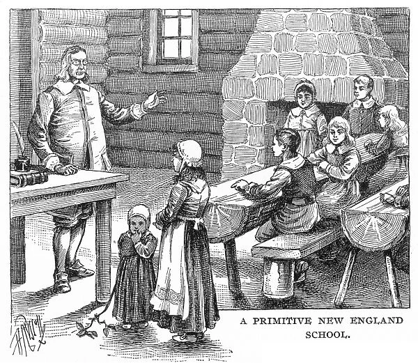 SCHOOL, 17TH CENTURY. A one-room schoolhouse in 17th New England. Wood engraving, 19th century