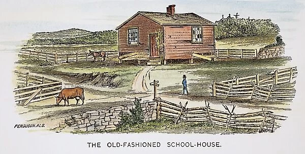 SCHOOLHOUSE, 19th CENTURY. An old-fashioned schoolhouse. Wood engraving, American, 19th century