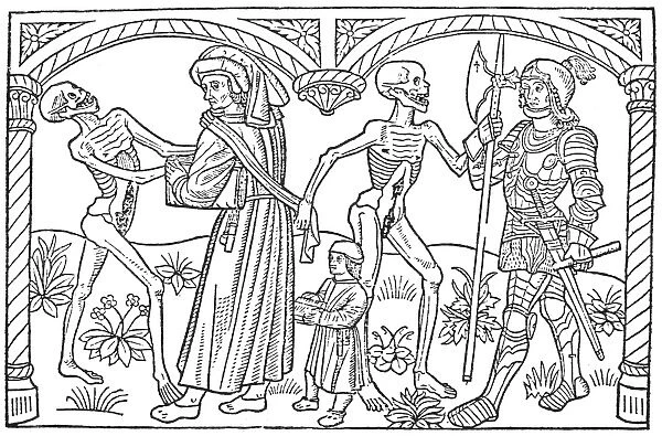SCHOOLMASTER AND SOLDIER. Woodcut from the Latin editon of The Dance of Death