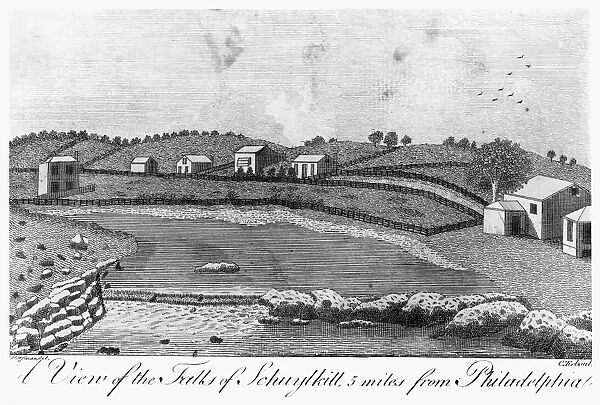 SCHUYLKILL FALLS, 1793. A View of the Falls of Schuylkill, 5 Miles from Philadelphia. Line engraving by Cornelius Tiebout, 1793
