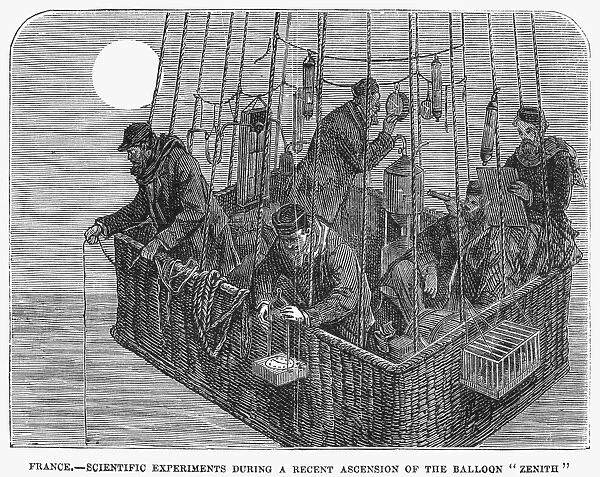 Scientific experiments conducted during a flight on the hot air balloon Zenith, from La Villette, France. Wood engraving, American, 1877
