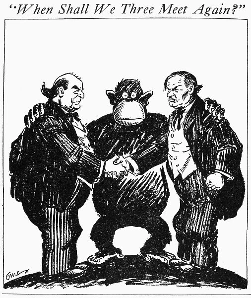 SCOPES TRIAL CARTOON, 1925. When Shall We Three Meet Again? Cartoon from an American newspaper, 1925, shortly after the close of the Scopes monkey trial on the teaching of evolution in publicly supported schools; William Jennings Bryan is at left and Clarence Darrow at right