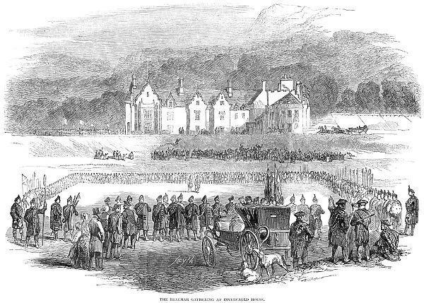 SCOTLAND: BRAEMAR, 1848. The Braemar gathering at Invercauld House in honor of Queen Victorias visit. Wood engraving, 1848