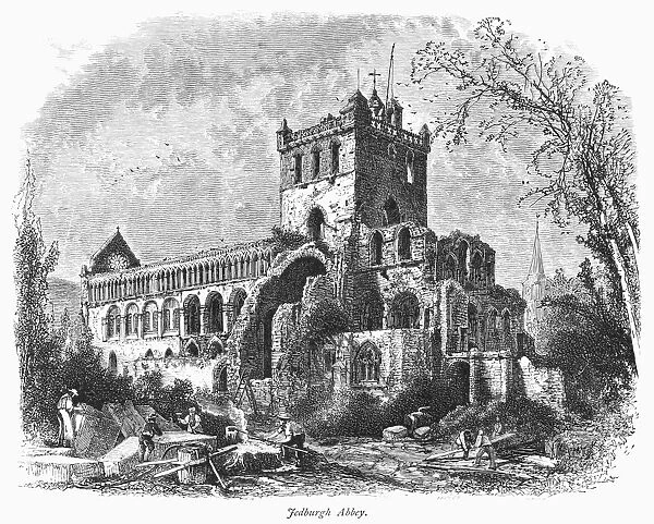 SCOTLAND: JEDBURGH ABBEY. View of the ruins of Jedburgh Abbey, in the border region of southeastern Scotland. Wood engraving, c1875