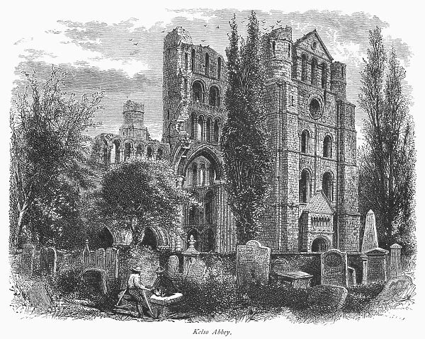 SCOTLAND: KELSO ABBEY. View of the ruins of Kelso Abbey, in the border region of southeastern Scotland. Wood engraving, c1875