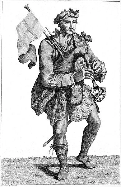 SCOTTISH SOLDIER, 1786. A piper of a Highland Regiment. Etching and engraving, English, 1786