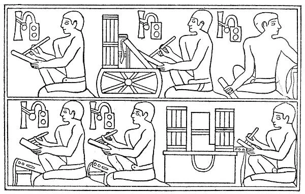 SCRIBE: EGYPTIAN. Two scribes, squatting at their desks piled with rolled-up records, assisted by their clerks. A relief from the tomb of Ti at Sakkara, Egypt, dating from the 27th century B. C