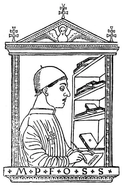 SCRIBE: PAOLO ATTAVANTI. Woodcut from Paolo Attavantis Breviarium totius juris canonici, Milan, Italy, 1497