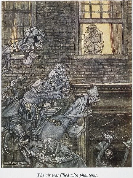 Scrooge sees the air filled with phantoms. Illustration by Arthur Rackham for Charles Dickens A Christmas Carol