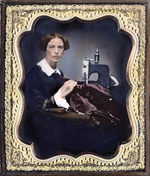 Seamstress with an 1853 model Grover and Baker industrial sewing machine. Oil over Daguerreotype, American, c1853