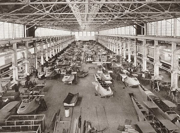 Seaplanes being assembled at the League Island Navy Yard in Philadelphia, Pennsylvania during World War I. Photograph, c1917