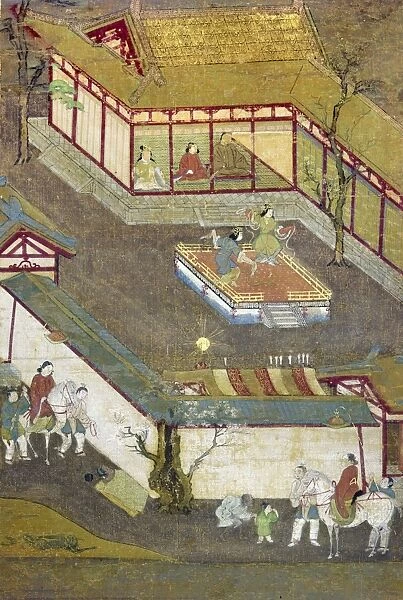 Seated with his father and mother, Prince Gautama is entertained by dancers. Japanese silk painting, early 13th century
