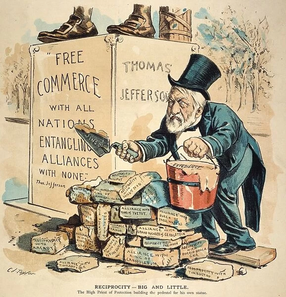 Secretary of State James Gillespie Blaine (1830-1893), attempting to cement shady alliances, is compared unfavorably to Thomas Jefferson in this 1891 cartoon by C. Jay Taylor