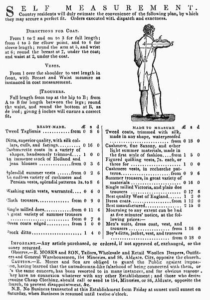 Self-measurement guide for a tailor advertisement from an English newspaper, 1844