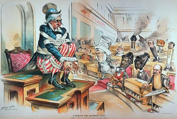 A Senate for Revenue Only. American cartoon by Louis Dalrymple, 1894, of Uncle Sam bound by the McKinley Tariff Act and a Senate of special interests