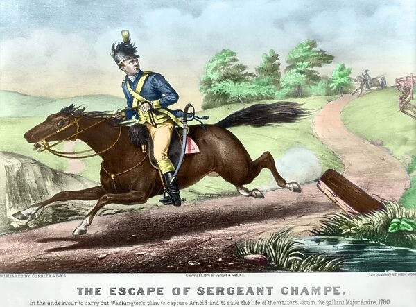 Sergeant Major in the Continental Army. The Escape of Sergeant Champe from an American patrol, in order to fake his desertion and so begin an assignment as a double agent in an attempt to capture Benedict Arnold, October 1780. Lithograph by Currier and Ives, c1876