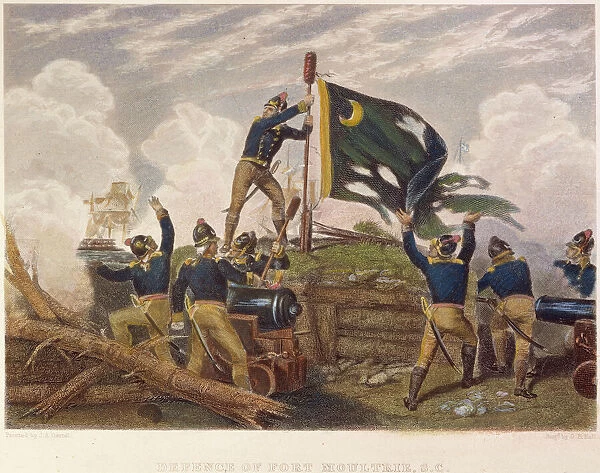 Sergeant William Jasper replacing the colors during the British attack on Sullivans Island (Fort Moultrie) at the entrance to Charleston (S. C. ) Harbor, 28 June 1776: colored engraving, 19th century