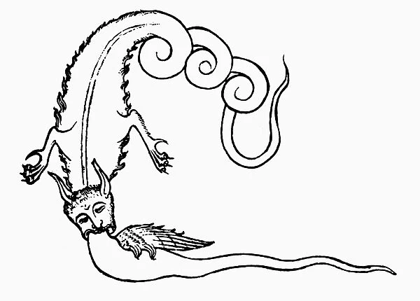 SERPENT, 16th CENTURY. The water serpent of the Nile, Hydrus, swallowing a flying snake