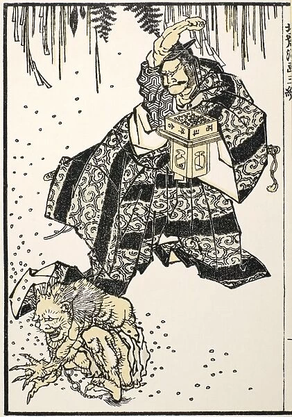 The Setsubun, or casting out of evil, ceremony at the Spring Equinox. Performed against a background of Shinto symbols by a fierce samurai and another character in the role of Evil. Woodblock print, 1816, from the Manga of Katsushika Hokusai