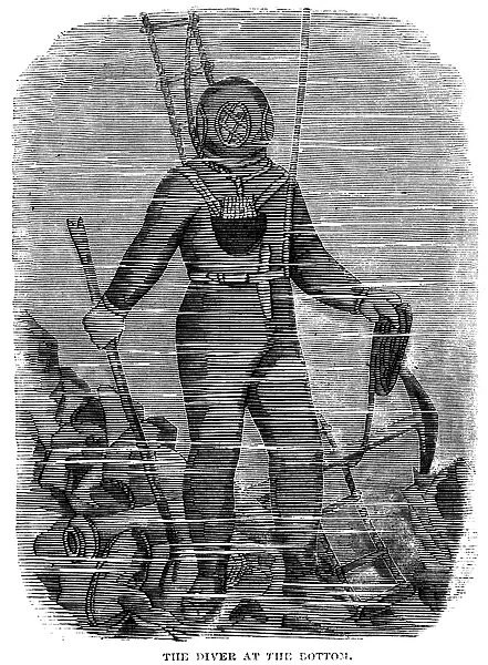 SEVASTOPOL: DIVER, 1858. An American diver at the bottom of Sevastopol Harbor: wood engraving, 1858